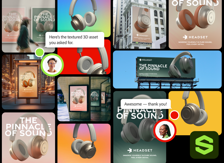 Multiple product variants (of headphones) in different colors and materials created using Adobe Substance 3D