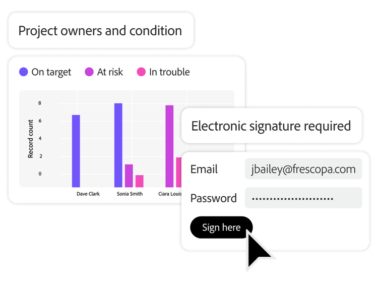 Bar chart of project risk levels and electronic signature login screen