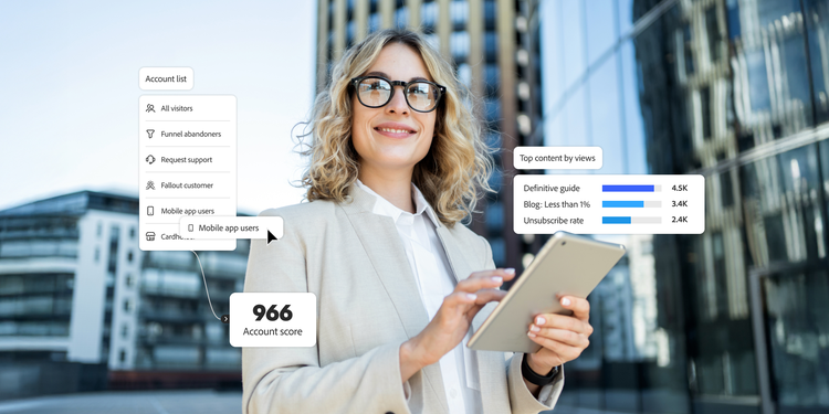 Une spécialiste du marketing B2B à l’extérieur d’un immeuble de bureaux, consultant les tableaux de bord Adobe Marketo Engage pour afficher les comptes et les principales mesures de contenu.