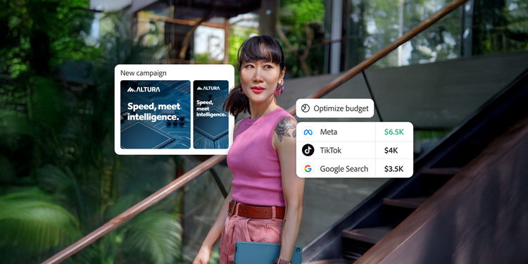 Femme descendant des escaliers, entourée de plantes tropicales et d’écrans Adobe Advertising présentant une nouvelle campagne et des budgets optimisés pour Meta, TikTok et Google Search