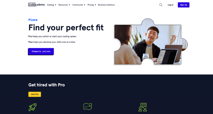 Codeacademy's landing page prompts visitors to sign up for its program and get into coding.