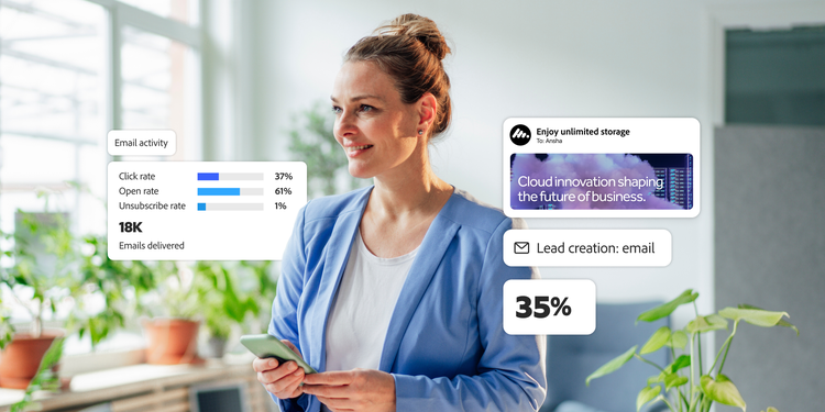 Femme souriante tenant un smartphone, avec en surimpression des statistiques d’e-mails, une bannière promotionnelle pour le stockage dans le cloud, et des statistiques de création de leads.