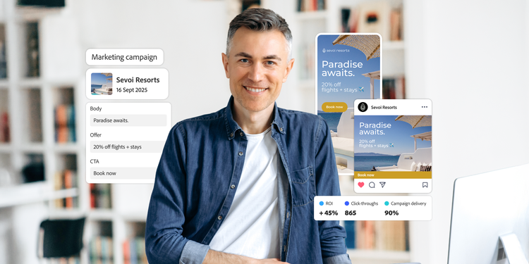 Man in denim shirt with marketing campaign dashboard and travel ads on screen.