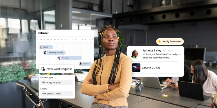 Femme dans un bureau moderne, avec des outils de projet en superposition, dont un calendrier, des mises à jour de tâches et une demande de nouvelle campagne marketing