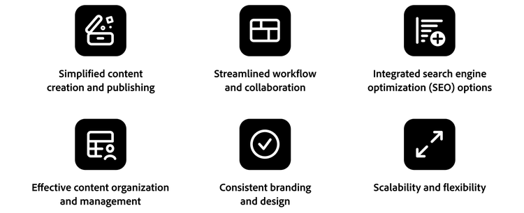 Un graphique qui répertorie six des principaux avantages de l’utilisation d’un système de gestion de contenu web, notamment la création de contenu simple, la gestion optimisée des workflows, l’évolutivité, et plus encore.