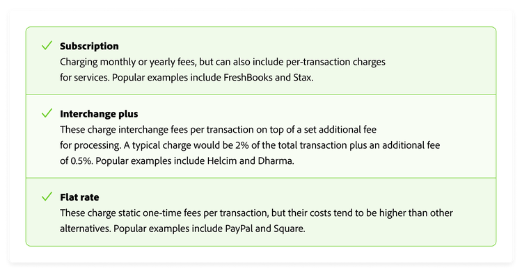 Types de modèles de systèmes de traitement des paiements : abonnement, interchange + et frais forfaitaires.