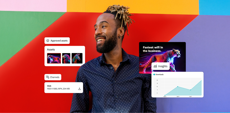 Un spécialiste marketing consulte des ressources de création approuvées générées par l’IA et les informations relatives à leurs performances.