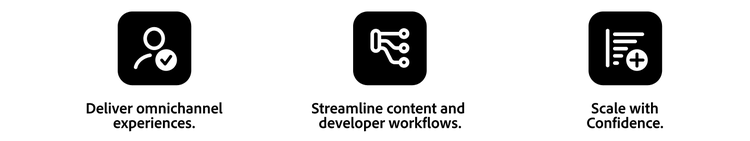 Trois icônes illustrant les atouts du CMS : diffusion omnicanal, workflows optimisés et montée en charge maîtrisée.