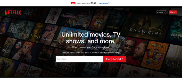 Netflix's landing page encourages visitors to sign up for a subscription.