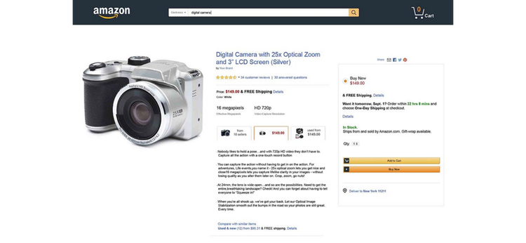 A screenshot of the Amazon website displaying a camera for sale.