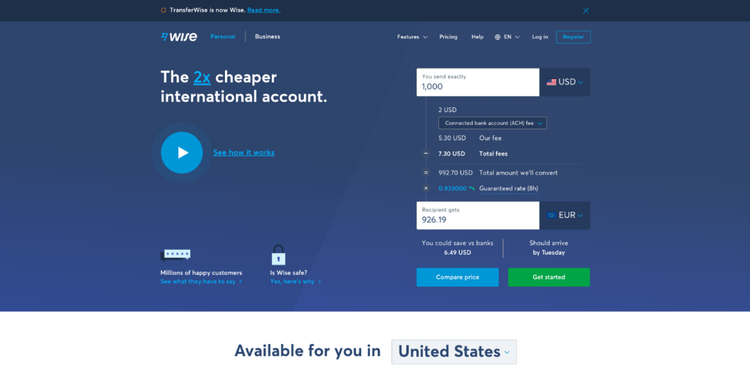 Wise's landing page persuade s visitors to start using the app.