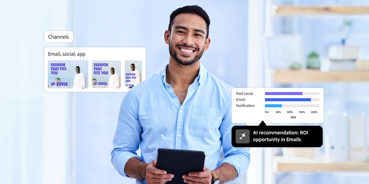 Homme souriant avec une tablette, entouré de superpositions numériques illustrant le ROI des e-mails, des recommandations optimisées par l’IA et des promotions multicanal sur des articles de mode.