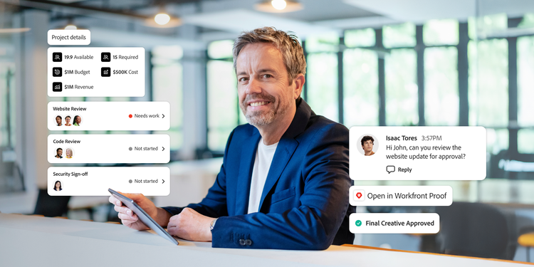 Smiling professional monitors team progress using Lean tools for optimized collaboration.