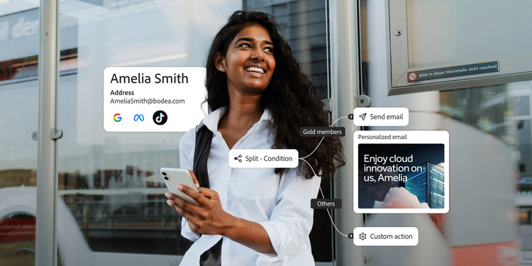 Femme souriante, avec son smartphone à la main, à un arrêt de bus. Des éléments digitaux autour d’elle affichent des données client, notamment son nom, son e-mail et son statut de fidélité. D’autres représentent des actions marketing automatisées, comme l’envoi d’un e-mail personnalisé.