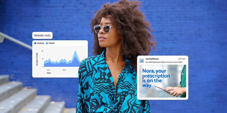 Femme élégante portant des lunettes de soleil et une tenue bleue à motifs devant un mur bleu vif en extérieur. Autour d’elle, des graphiques affichent une comparaison des visites d’un site web entre ordinateur et appareils mobiles, et une notification d’un service de santé indiquant l’arrivée prochaine d’une ordonnance.
