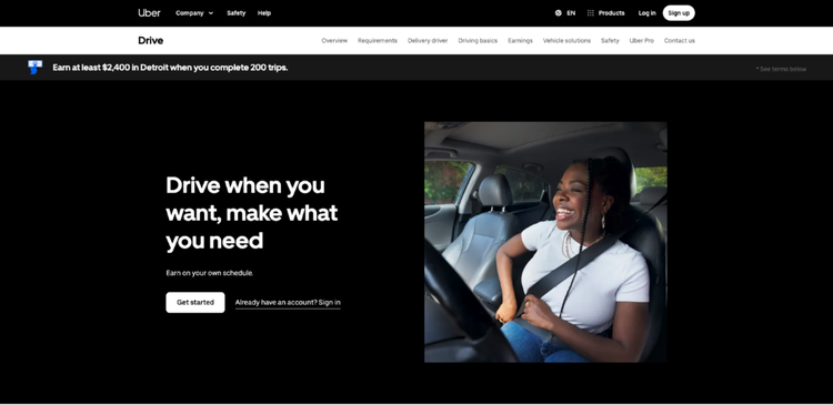Uber's landing page attracts prospective rideshare drivers to join the company.