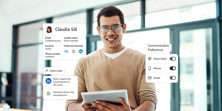 A marketer reviews a customer profile with account details, interests, communication preferences for targeted engagement.