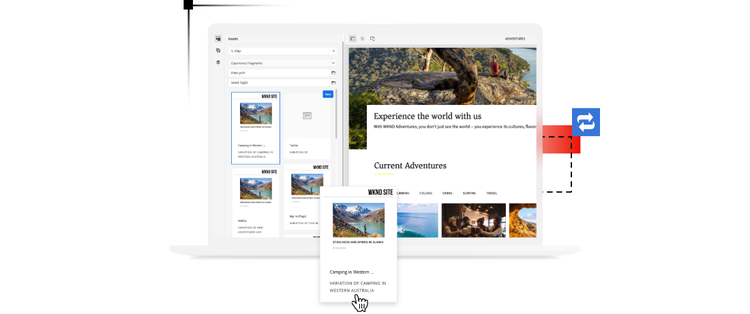CMS headless d’Adobe Experience Manager : captures d’écran de la publicité sur téléphone mobile, tablette et ordinateur