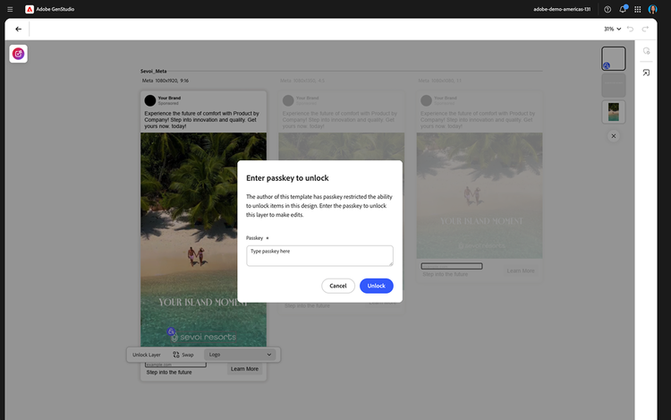 Copie d’écran de GenStudio montrant un modèle publicitaire approuvé par la marque avec des éléments verrouillés et une invite à l’écran pour créer une variante conforme à la marque.