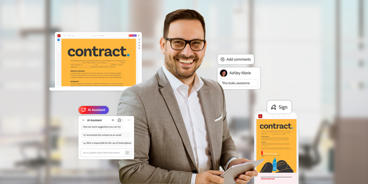 Image montrant un professionnel de la finance utilisant des outils IA et les fonctions de commentaires et de signature numérique pour gérer des contrats.