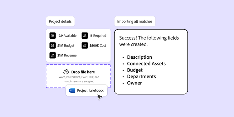 Interface de chargement de documents et de configuration des workflows affichant les mesures de projet et la création réussie de champs