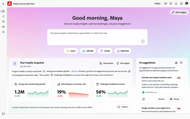 Aperçu du tableau de bord Adobe Journey Optimizer Loyalty, affichant des insights IA, des métriques de fidélité et des recommandations d’engagement personnalisées.