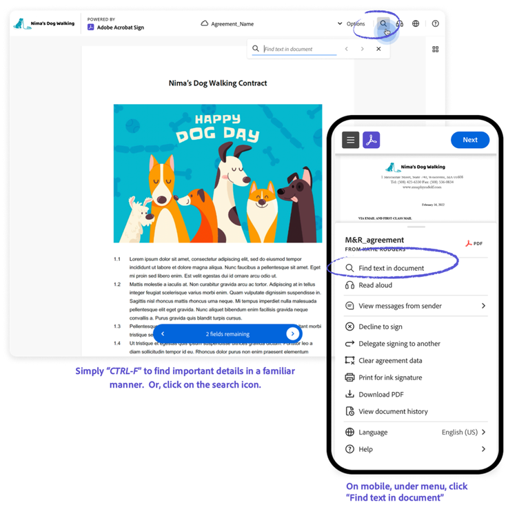 Exemple de contrat dans Adobe Acrobat Sign avec la fonction de recherche