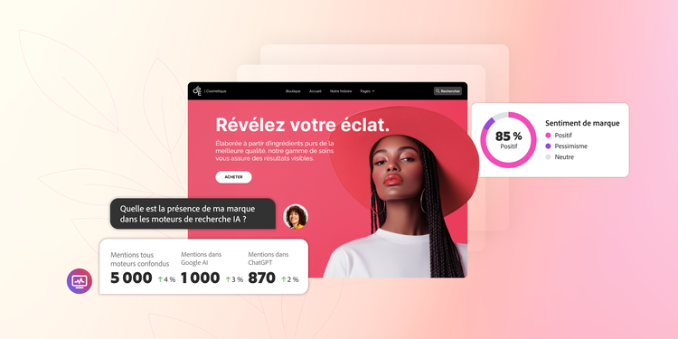 Tableau de bord IA présentant les mentions de marque, le sentiment et les indicateurs de visibilité sur les plateformes de recherche IA.