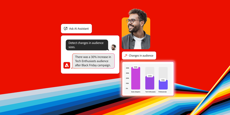 Illustration digitale composée d’un fond rouge et de bandes multicolores en diagonale dans la partie inférieure de l’image, où l’assistant IA repère l’évolution des audiences et une bulle de discussion contient le message « La campagne du Black Friday a entraîné une augmentation de 30 % de l’audience des fans de technologie. » Un graphique à barres illustre les segments d’audience : « Adoption rapide », « Fans de technologie » et « Public professionnel ». Portrait d’un homme souriant portant des lunettes illustrant le thème des insights marketing optimisés par l’IA.