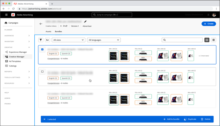 La section Campagnes de l’interface d’Adobe Advertising