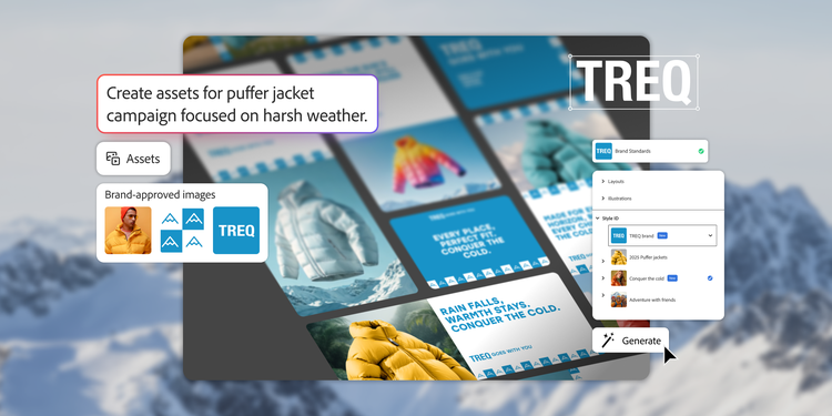 Interface présentant la création d’assets de marque pour une campagne de doudounes intitulée « TREQ », avec des visuels colorés de vestes d’hiver, des images validées par la marque, ainsi que des options de mise en page, de sélection de style et d’outils de génération sur un arrière-plan de montagne enneigée.