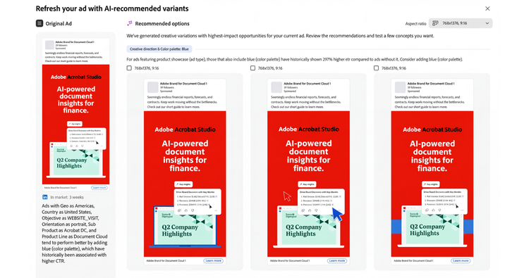 Adobe GenStudio for Performance Marketing affichant des variantes de publicités recommandées par l’IA pour l’optimisation créative.