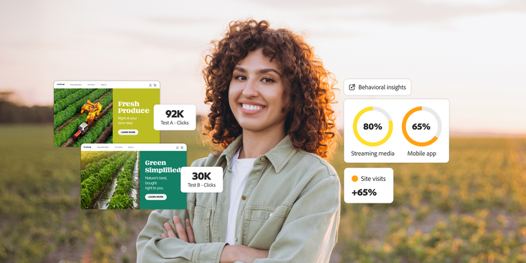 Personne souriante dans un champ avec des incrustations montrant la campagne Fresh Produce de Corteva, qui a recueilli 92 000 clics, et l’augmentation des visites sur le site.