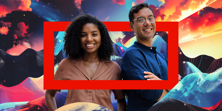 Two smiling people framed by a red rectangle stand against a colorful abstract background of clouds and waves in vibrant blue, pink, and orange tones.