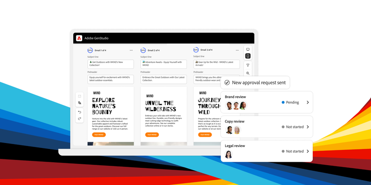 Variations d’e-mails dans Adobe GenStudio et graphique représentant le workflow de révision et de validation