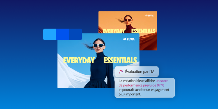Déclinaisons publicitaires illustrant comment le scoring IA évalue les choix chromatiques et identifie la création la plus performante.