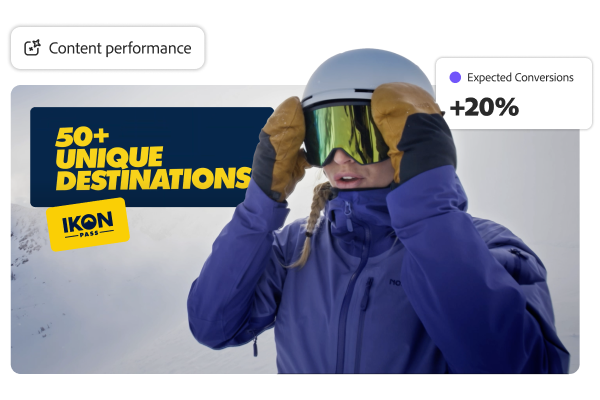 Skieuse en tenue ajustant ses lunettes de ski, avec une montagne enneigée en arrière-plan et diverses images en incrustation montrant les performances du contenu