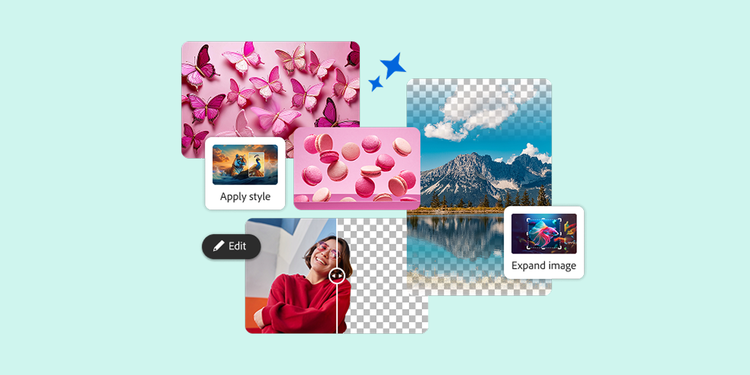 Collage d’images et d’outils pour éditer et développer des images, sur un fond sarcelle clair