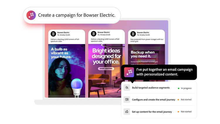 IA agentique sollicitée pour créer une campagne pour une entreprise d’électricité, impliquant plusieurs agents Adobe Experience Platform qui se coordonnent pour créer 3 publications sur les réseaux sociaux et une campagne par e-mail personnalisée