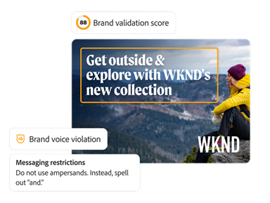 Publicité générée par l’IA pour la collection de vêtements outdoor de WKND, avec un score de validation et un avertissement relatif à l’interdiction d’utiliser l’esperluette conformément à la charte graphique