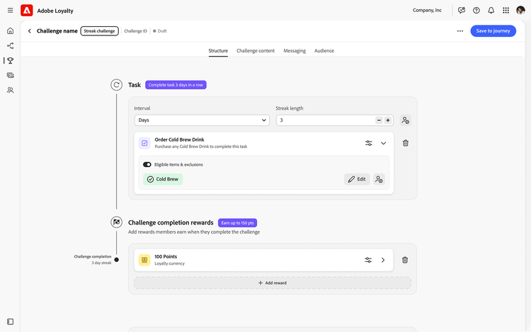 Capture d’écran du tableau de bord d'Adobe Journey Optimizer Loyalty présentant un défi créé à l’aide du générateur de défis intelligent