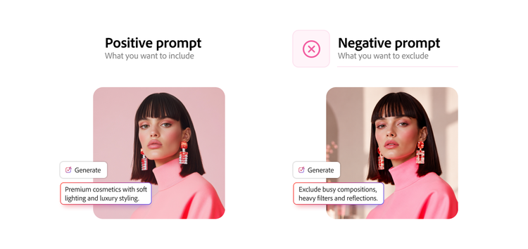 Exemple comparatif de prompts positifs et négatifs pour contrôler les résultats d’images générées par IA.