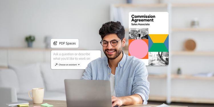 Un(e) professionnel/le des ressources humaines élabore un contrat de commission à l’aide de PDF Spaces et de l’assistant IA afin de le partager facilement avec le candidat.