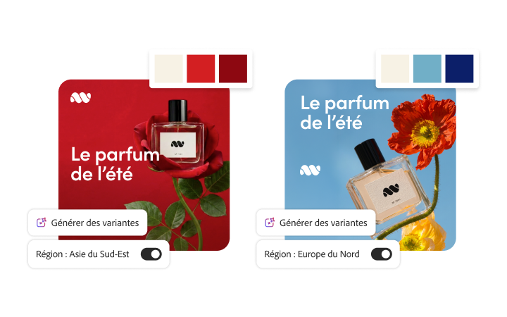 La même création publicitaire adaptée à deux marchés régionaux distincts, avec des palettes de couleurs chaudes et froides, tout en conservant les mêmes visuels et le même message.