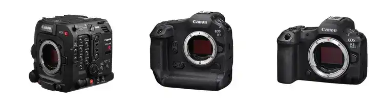 Images of new cameras, From left to right: EOS C400, EOS R1, and EOS R5 Mark II.