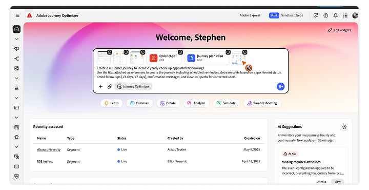 Copie d’écran du tableau de bord Journey Optimizer, montrant un écran d’accueil, les parcours récents, les KPI et les recommandations alimentées par l’IA.