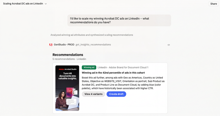 Vignette de recommandations Adobe GenStudio affichant des recommandations générées par l’IA pour optimiser et actualiser les publicités les plus performantes.