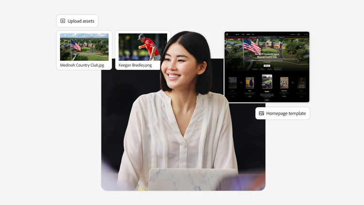 Une femme assise devant un ordinateur portable examine un modèle de page d'accueil ainsi que deux fichiers du PGA TOUR, à charger avec les solutions d'entreprise Adobe.