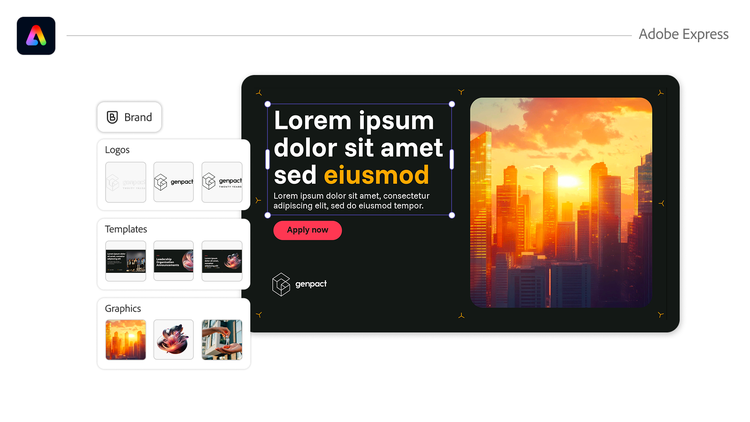 Capture d’écran de l’interface Adobe Express avec les éléments de la marque Genpact, notamment les logos, les modèles et les options graphiques à gauche, et une publication sur les réseaux sociaux à droite avec les options de branding appliquées à la mise en page.