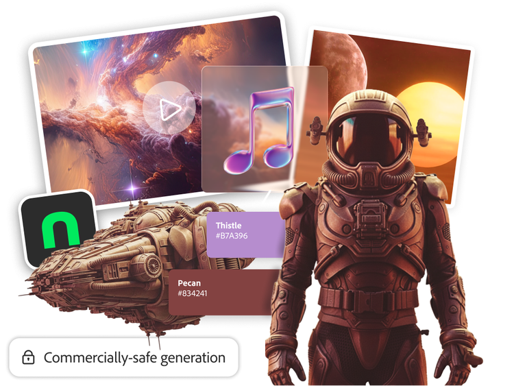 Interface des outils Adobe montrant la sélection de modèles sur mesure et des images de science-fiction générées par l’IA.